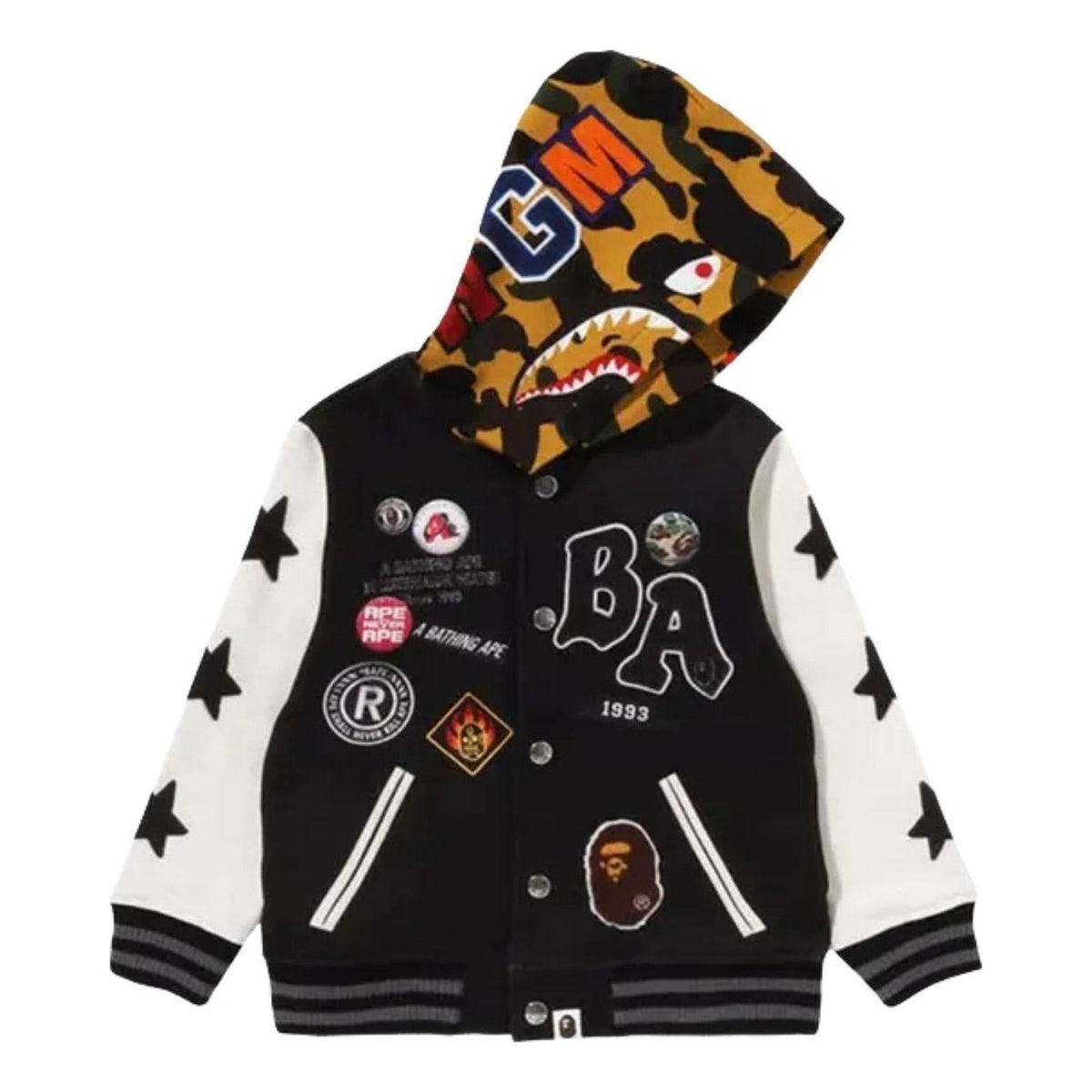 A Bathing Ape 1st Camo Shark Hoodie Print Sweat Varsity Jacket 'Black' 1M30340009-BLACK