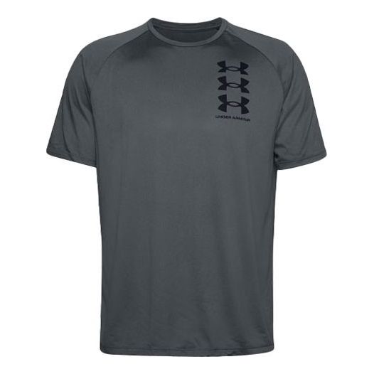 Men's Under Armour Tech Triple Logo Printing Sports Round Neck Short Sleeve Gray 1361504-012