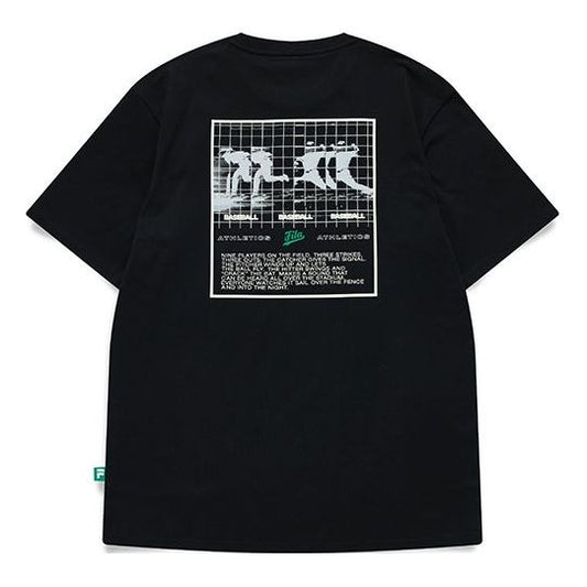 Men's FILA FUSION Subject Pattern Printing Knit Loose Sports Short Sleeve Black T11M132106F-BK
