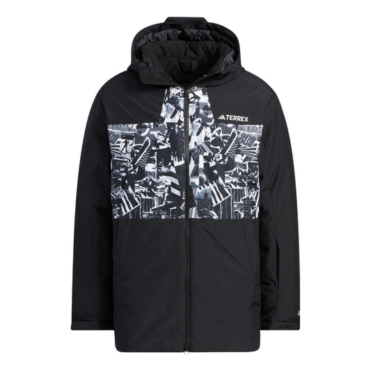 adidas Pattern Printing Hooded Down Jacket Men's Black IJ5970