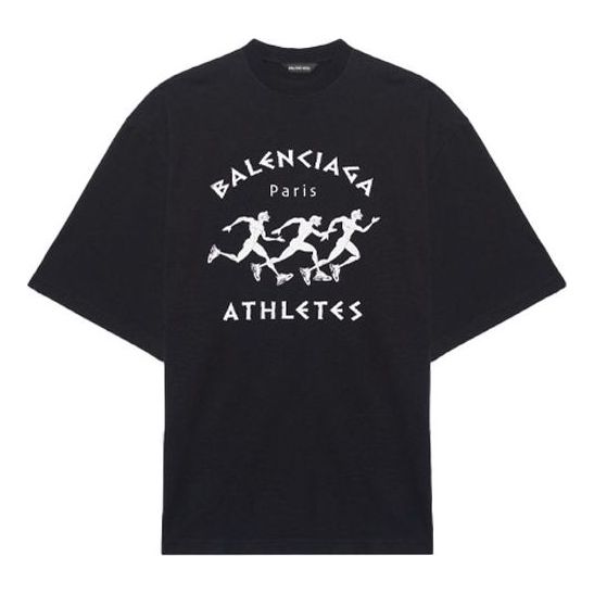 Men's Balenciaga Running Pattern Printing Logo Loose Short Sleeve Black 641614TJVK61070