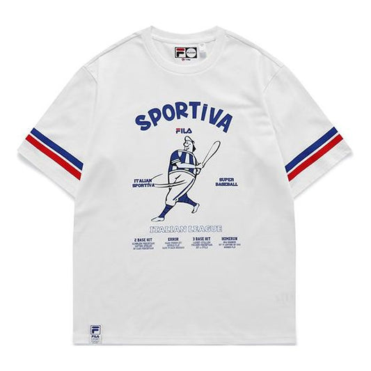 Men's FILA FUSION Baseball Printing Sports Loose Round Neck Short Sleeve White T-Shirt T11M122110A-WT