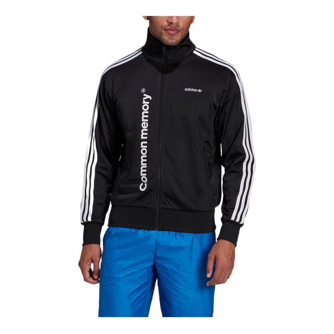 Men's adidas originals Stripe Printing Alphabet Zipper Stand Collar Sports Jacket Black HC7133