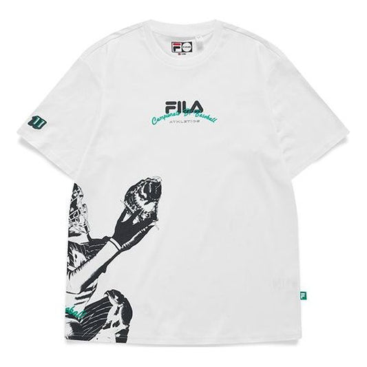 Men's FILA FUSION Baseball Sports Printing Knit Loose Short Sleeve White T-Shirt T11M132109F-WT